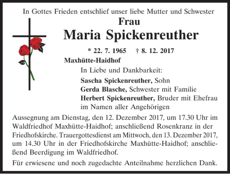  Traueranzeige für Maria Spickenreuther vom 11.12.2017 aus Mittelbayerische Zeitung Schwandorf