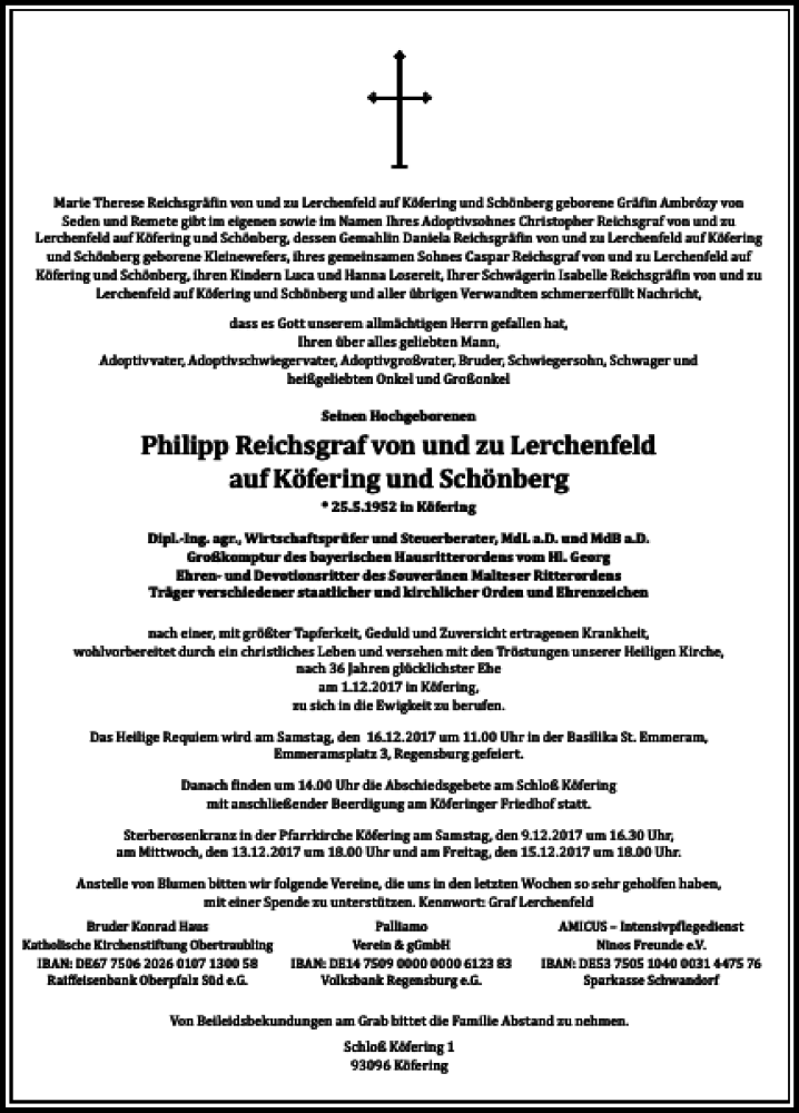  Traueranzeige für Philipp Graf von und zu Lerchenfeld  vom 07.12.2017 aus Mittelbayerische Zeitung Gesamtausgabe