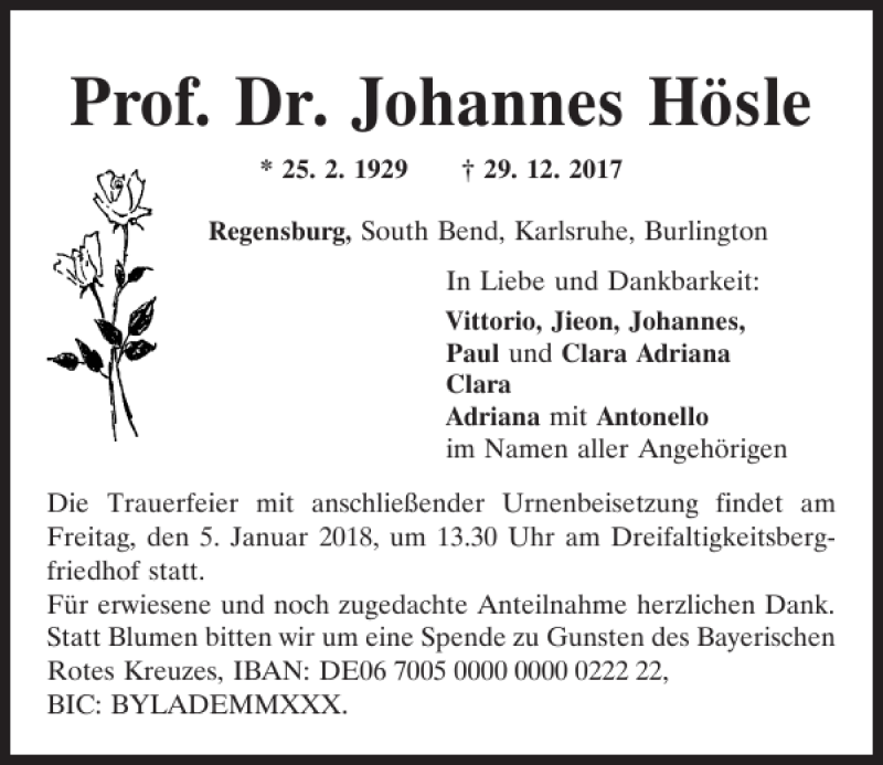  Traueranzeige für Prof. Dr. Johannes Hösle vom 30.12.2017 aus Mittelbayerische Zeitung Regensburg