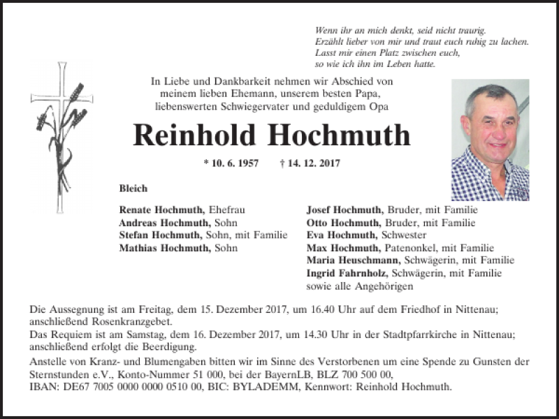  Traueranzeige für Reinhold Hochmuth vom 15.12.2017 aus Mittelbayerische Zeitung Schwandorf