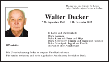 Traueranzeige von Walter Decker von Mittelbayerische Zeitung Kelheim