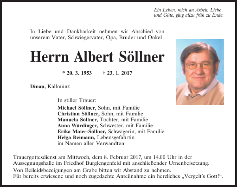  Traueranzeige für Albert Söllner vom 07.02.2017 aus Mittelbayerische Zeitung Schwandorf
