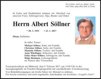 Traueranzeige von Albert Söllner von Mittelbayerische Zeitung Schwandorf