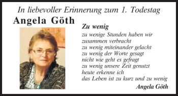 Traueranzeige von Angela Göth von Mittelbayerische Zeitung Schwandorf