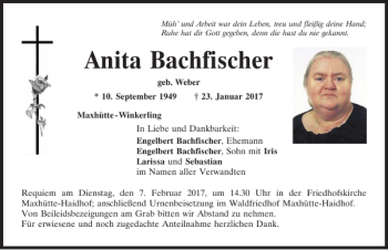 Traueranzeige von Anita Bachfischer von Mittelbayerische Zeitung Schwandorf