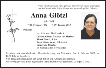 Traueranzeige von Anna Glötzl von Mittelbayerische Zeitung Schwandorf