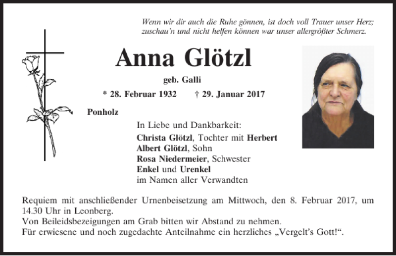  Traueranzeige für Anna Glötzl vom 04.02.2017 aus Mittelbayerische Zeitung Schwandorf