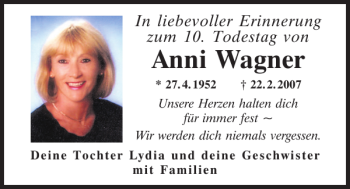 Traueranzeige von Anni Wagner von Mittelbayerische Zeitung Schwandorf
