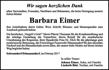 Traueranzeige von Barbara Eimer von Mittelbayerische Zeitung Schwandorf
