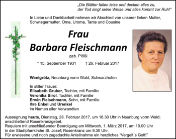 Traueranzeige von Barbara Fleischmann von Mittelbayerische Zeitung Schwandorf