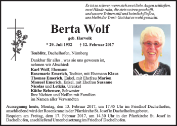 Traueranzeige von Berta Wolf von Mittelbayerische Zeitung Schwandorf