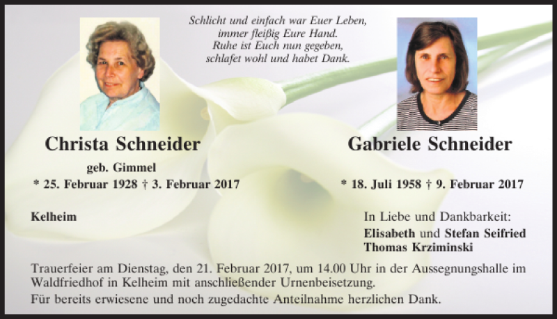  Traueranzeige für Christa und Gabriele Schneider vom 18.02.2017 aus Mittelbayerische Zeitung Kelheim