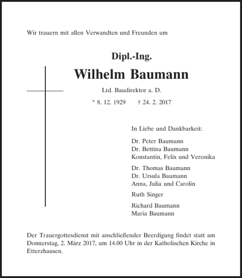 Traueranzeigen von Dipl.Ing. Wilhelm Baumann Mittelbayerische Trauer