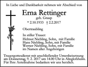 Traueranzeige von Erna Rettinger von Mittelbayerische Zeitung Regensburg
