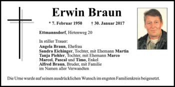 Traueranzeige von Erwin Braun von Mittelbayerische Zeitung Schwandorf