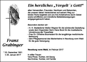 Traueranzeige von Franz Grabinger von Mittelbayerische Zeitung Schwandorf