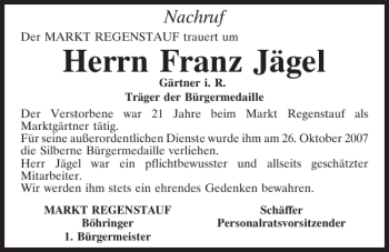 Traueranzeige von Franz Jägel von Mittelbayerische Zeitung Regensburg