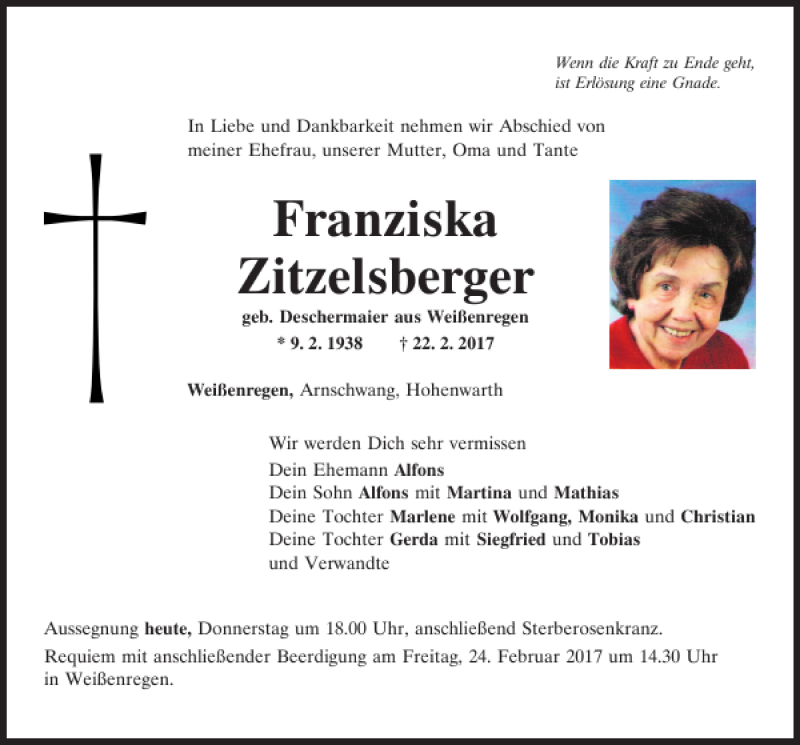  Traueranzeige für Franziska Zitzelsberger vom 23.02.2017 aus Bayerwald Echo
