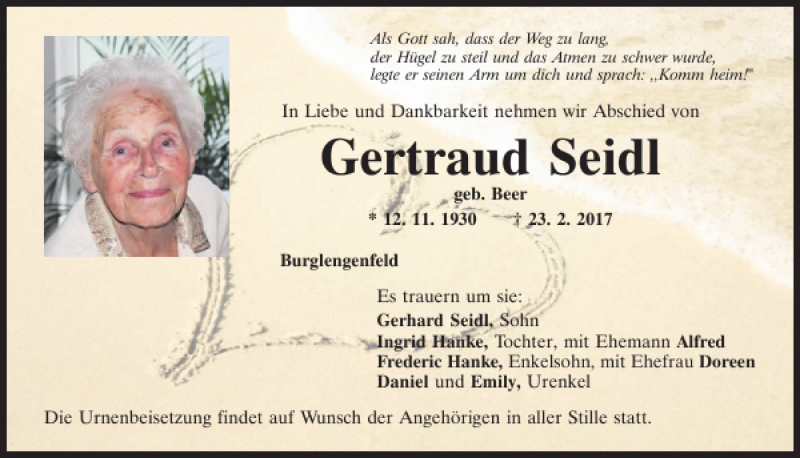  Traueranzeige für Gertraud Seidl vom 25.02.2017 aus Mittelbayerische Zeitung Schwandorf