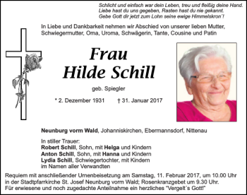Traueranzeige von Hilde Schill von Mittelbayerische Zeitung Schwandorf