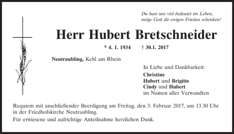  Traueranzeige für Hubert Bretschneider vom 02.02.2017 aus Mittelbayerische Zeitung Regensburg