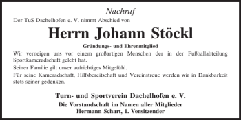 Traueranzeige von Johann Stöckl von Mittelbayerische Zeitung Schwandorf