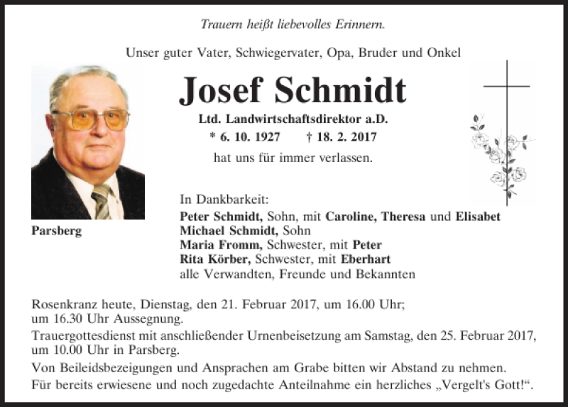  Traueranzeige für Josef Schmidt vom 21.02.2017 aus Neumarkter Tagblatt