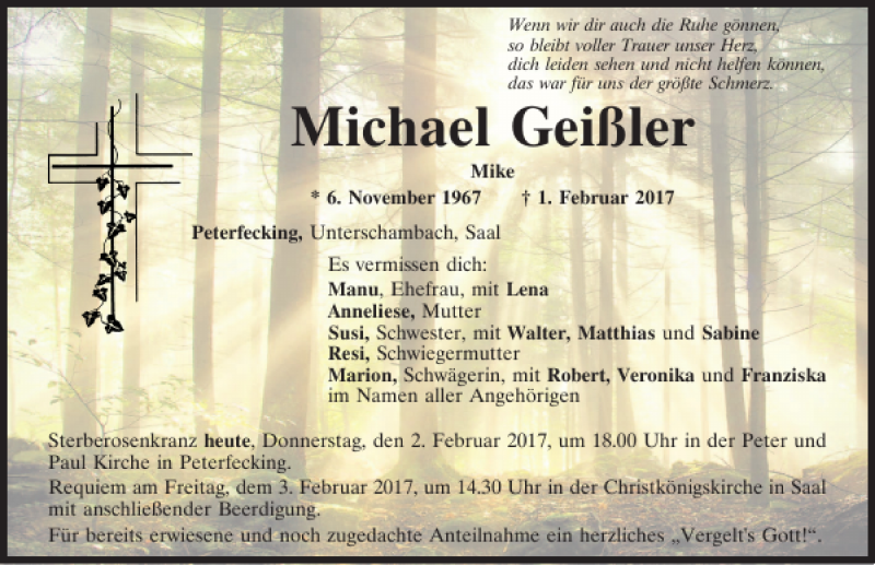  Traueranzeige für Michael Geißler vom 02.02.2017 aus Mittelbayerische Zeitung Kelheim