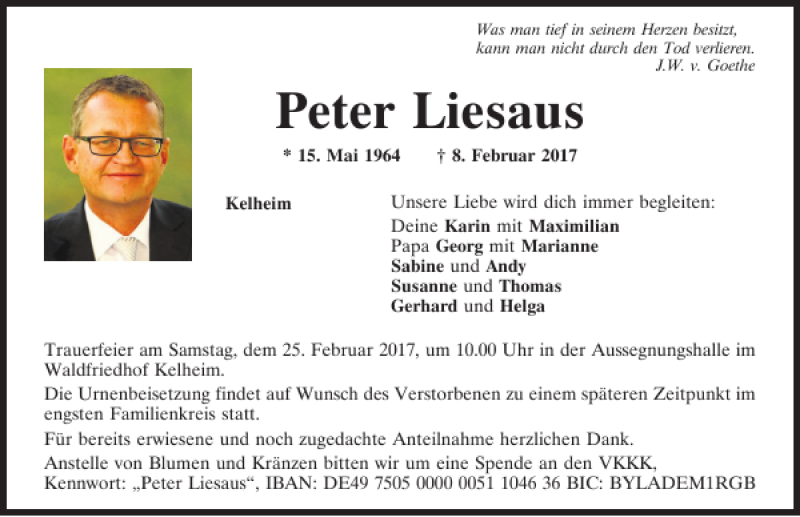  Traueranzeige für Peter Liesaus vom 16.02.2017 aus Mittelbayerische Zeitung Kelheim
