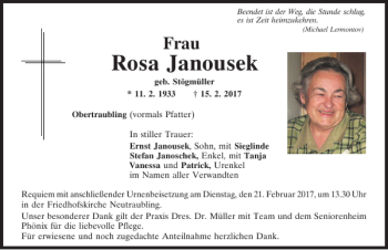 Traueranzeige von Rosa Janousek von Mittelbayerische Zeitung Regensburg