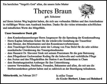 Traueranzeige von Theres Braun von Bayerwald Echo