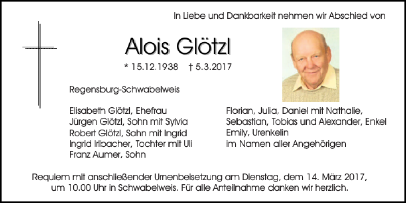  Traueranzeige für Alois Glötzl vom 11.03.2017 aus Mittelbayerische Zeitung Regensburg