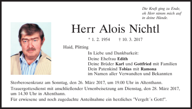  Traueranzeige für Alois Nichtl vom 25.03.2017 aus Mittelbayerische Zeitung Regensburg