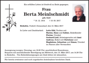 Traueranzeige von Berta Meinlschmidt von Mittelbayerische Zeitung Gesamtausgabe