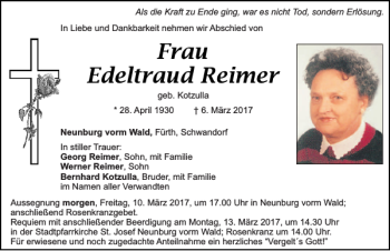 Traueranzeige von Edeltraud Reimer von Mittelbayerische Zeitung Schwandorf