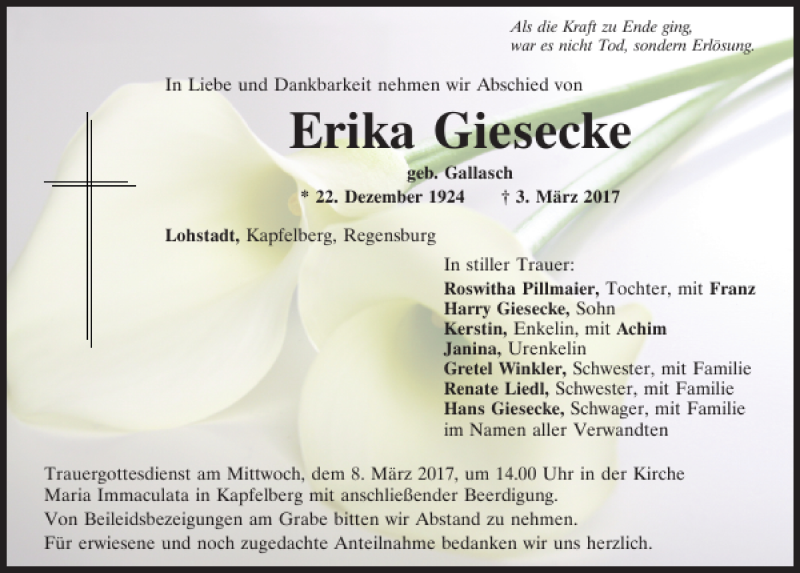  Traueranzeige für Erika Giesecke vom 07.03.2017 aus Mittelbayerische Zeitung Kelheim
