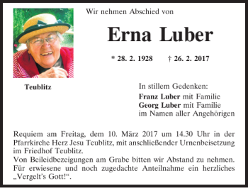 Traueranzeige von Erna Luber von Mittelbayerische Zeitung Schwandorf