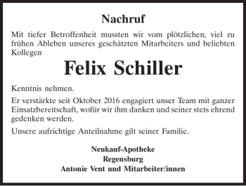 Traueranzeige von Felix Schiller von Mittelbayerische Zeitung Regensburg