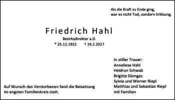 Traueranzeige von Friedrich Hahl von Mittelbayerische Zeitung Regensburg