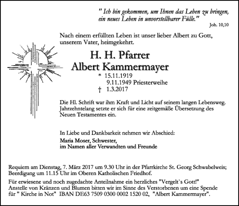  Traueranzeige für H.H. Pfarrer Albert Kammermeier vom 04.03.2017 aus Mittelbayerische Zeitung Regensburg