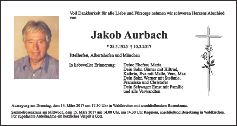  Traueranzeige für Jakob Aurbach vom 13.03.2017 aus Neumarkter Tagblatt