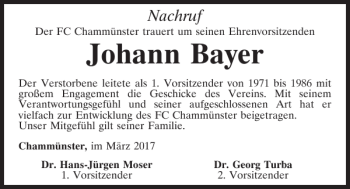 Traueranzeige von Johann Bayer von Bayerwald Echo