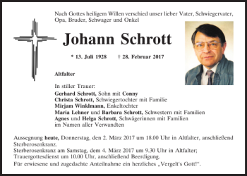 Traueranzeige von Johann Schrott von Mittelbayerische Zeitung Schwandorf