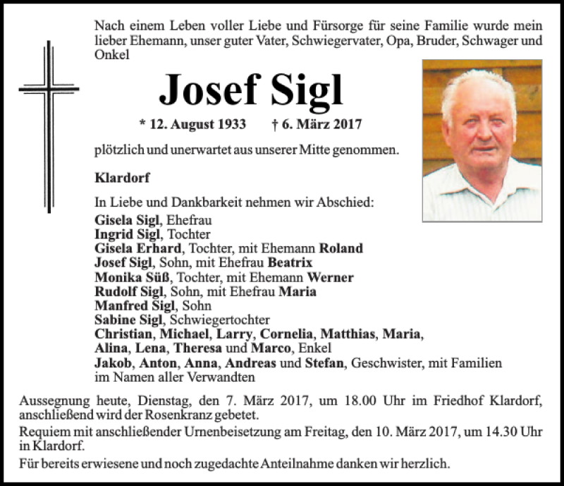  Traueranzeige für Josef Sigl vom 07.03.2017 aus Mittelbayerische Zeitung Schwandorf