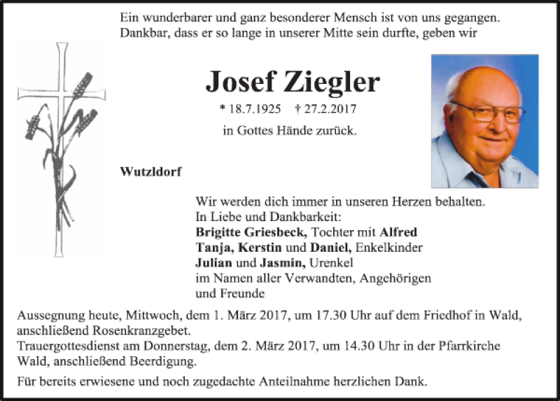 Traueranzeige für Josef Ziegler vom 01.03.2017 aus Bayerwald Echo