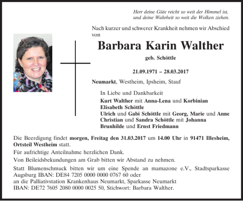  Traueranzeige für Karin Walther vom 30.03.2017 aus Neumarkter Tagblatt