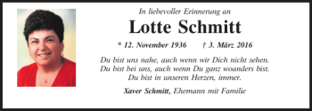 Traueranzeige von Lotte Schmitt von Mittelbayerische Zeitung Schwandorf