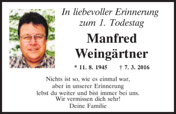 Traueranzeige von Manfred Weingärtner von Mittelbayerische Zeitung Schwandorf