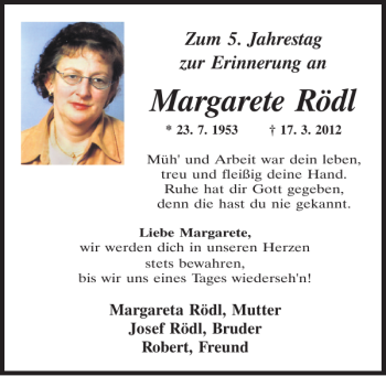 Traueranzeige von Margarete Rödl von Neumarkter Tagblatt