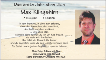 Traueranzeige von Max Klingshirn von Mittelbayerische Zeitung Schwandorf